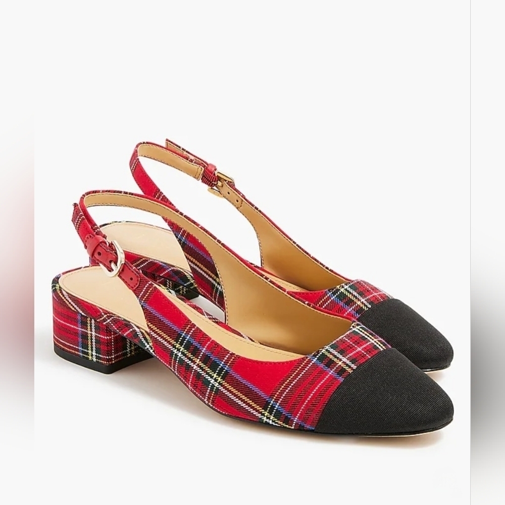 J. Crew Elegant Tartan Slingback Heels in Red and Black